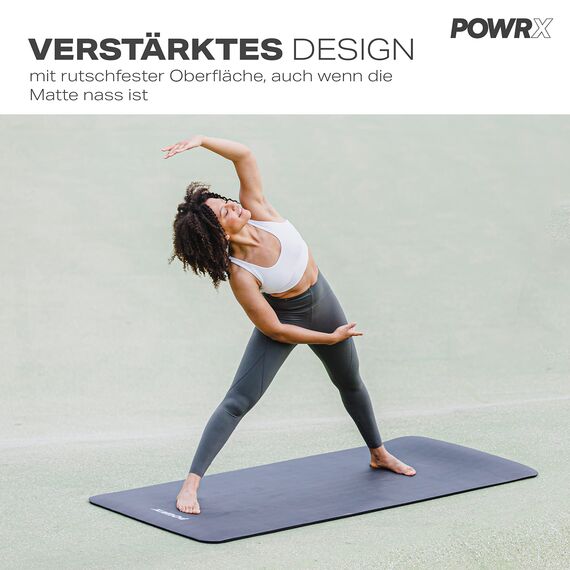 POWRX Gymnastikmatte I Yogamatte (Schwarz, 190 x 80 x 1,5 cm) Inklusive Tragegurt + Tasche + Free Exercise Poster I Hautfreundliche Sportmatte Fitnessmatte rutschfest phthalatfrei