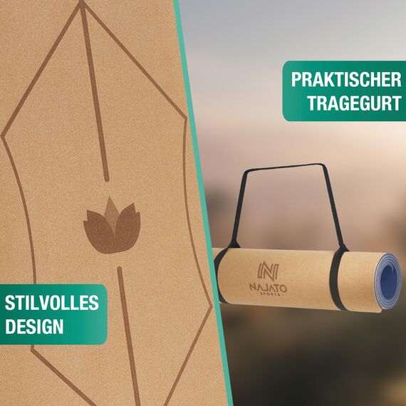 NAJATO Sports Yogamatte Kork – Rutschfeste Yoga Matte mit Tragegurt & E-Book (PDF Datei) – Trainingsmatte 183 x 65 x 0,6 cm – Nachhaltige Gymnastikmatte