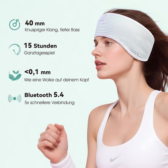 LC-dolida Schlafkopfhörer Ultra-Soft Bluetooth-Stirnband mit 4-Wege Stretch & No-Slip Yoga Stirnband mit Musik Wireless Sport-Kopfhörer für Laufen, Fitnessstudio | 15H Playtime, Hi-Fi Sound