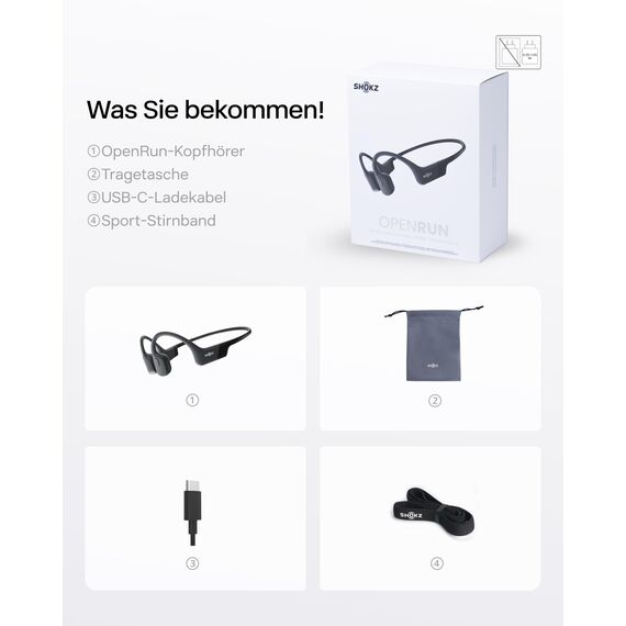 SHOKZ OpenRun Knochenschall Kopfhörer, Open-Ear Sport Bluetooth Kopfhörer mit Noise-Cancelling Mikrofon, IP67 wasserdichte kabellose Ohrhörer zum Laufen, 8 Std Spielzeit, USB-C, mit Sport-Stirnband