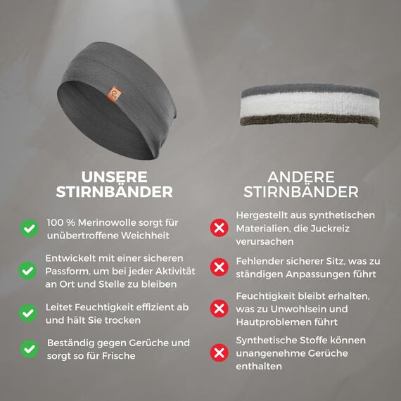 menique 100% Merino Damen Stirnband: menique rutschfeste Schweißbandbreite Ohrwärmer für das Laufen Wandern Yoga Sport-Stirnbänder für Feuchtigkeitsableitung und Haarband (universal, perfekt grau)