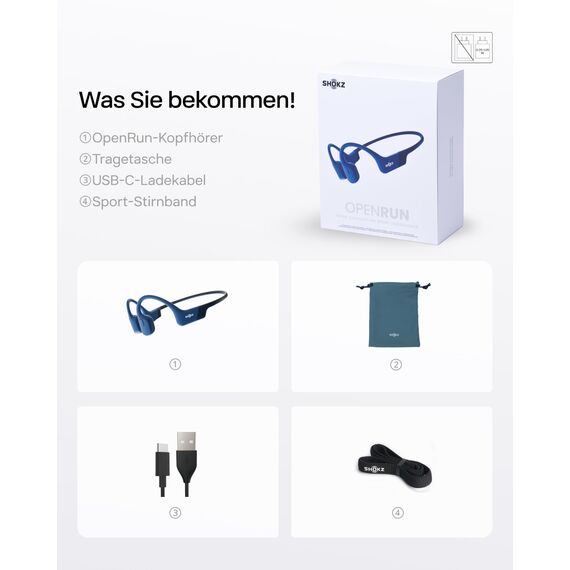 SHOKZ OpenRun Knochenschall Kopfhörer, Open-Ear Sport Bluetooth Kopfhörer mit Noise-Cancelling Mikrofon, IP67 wasserdichte kabellose Ohrhörer zum Laufen, 8 Std Spielzeit, USB-C, mit Sport-Stirnband