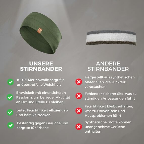 menique 100% Merino Damen Stirnband: menique rutschfeste Schweißbandbreite Ohrwärmer für das Laufen Wandern Yoga Sport-Stirnbänder für Feuchtigkeitsableitung und Haarband (Universal, Dunkelgrün)