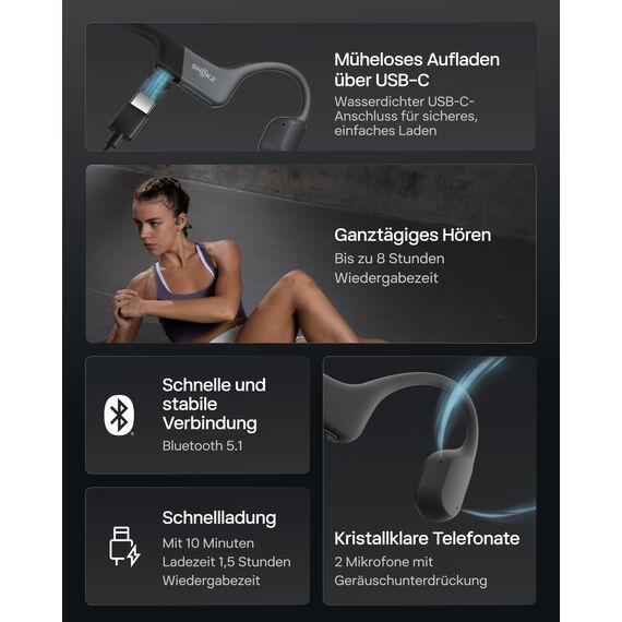 SHOKZ OpenRun Mini Knochenschall Kopfhörer, Open-Ear Sport Bluetooth Kopfhörer mit Noise-Cancelling Mikrofon, IP67 wasserdichte kabellose Ohrhörer zum Laufen, 8 Std Laufzeit, USB-C, Sport-Stirnband