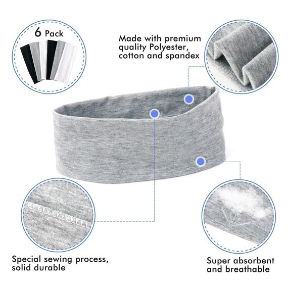 Sularpek 6 Stück Stirnband Damen, Elastic Haarband, Sport Schweiß Headband, Antirutsch Headbands, Damen Weiches Stirnbänder für Frauen Yoga Workout Fitness Headbands