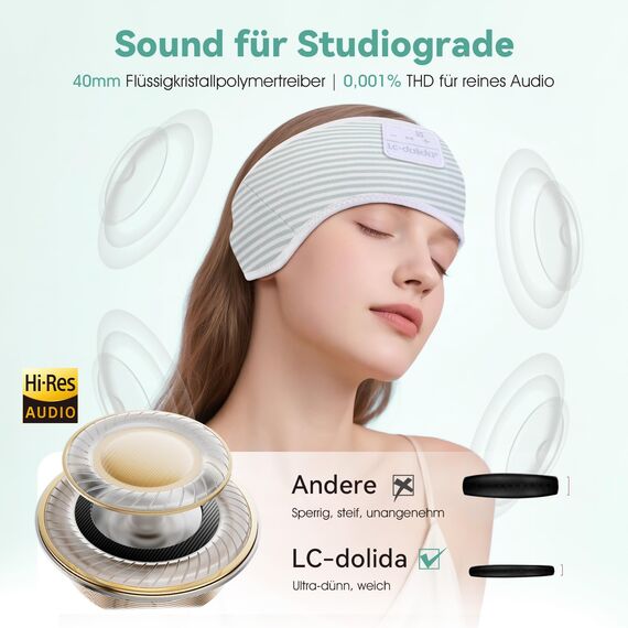 LC-dolida Schlafkopfhörer Ultra-Soft Bluetooth-Stirnband mit 4-Wege Stretch & No-Slip Yoga Stirnband mit Musik Wireless Sport-Kopfhörer für Laufen, Fitnessstudio | 15H Playtime, Hi-Fi Sound