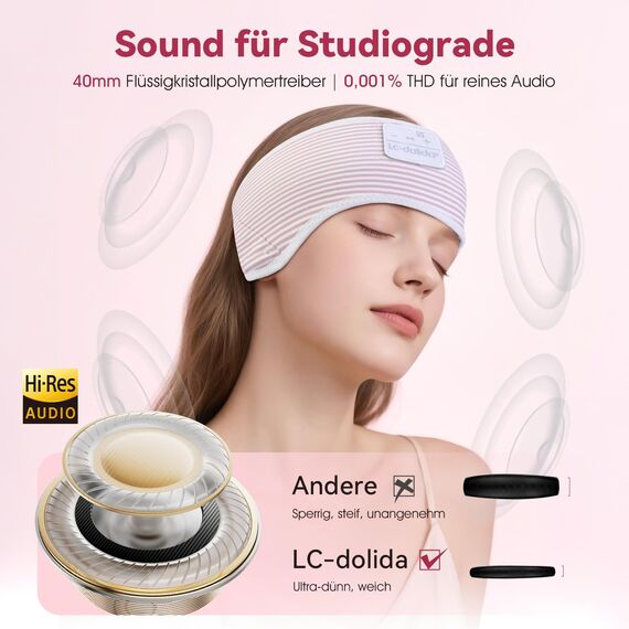 LC-dolida Schlafkopfhörer Ultra-Soft Bluetooth-Stirnband mit 4-Wege Stretch & No-Slip Yoga Stirnband mit Musik Wireless Sport-Kopfhörer für Laufen, Fitnessstudio | 15H Playtime, Hi-Fi Sound