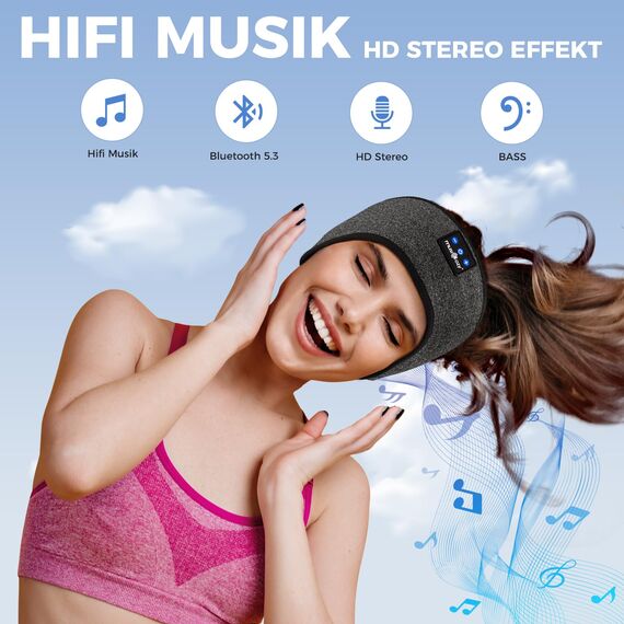 MUSICOZY Schlafkopfhörer Bluetooth, Schlaf Kopfhörer Stirnband Schlaf-Ohrhörer Headband Kabellos Sportskopfhörer 16+STD Bequemes Musik Stirnband zum Schlafen für Sport Training Joggen Yoga Reisen