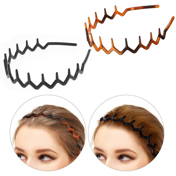 Zickzack Haarreif 4 Stück Haifischzahn Haarkamm Haarband Gewellte Kunststoff Stirnband Make Up Haarreif für Sport Fitness Tägliches für Damen Und Mädchen (Schwarz/Bernstein)