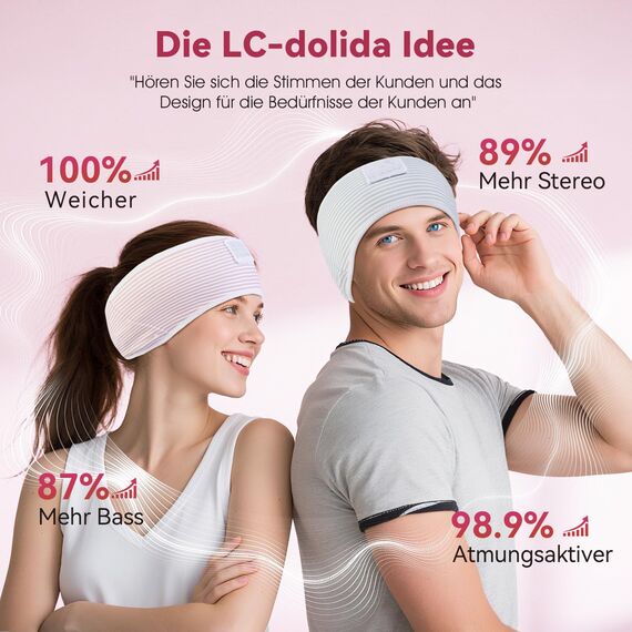 LC-dolida Schlafkopfhörer Ultra-Soft Bluetooth-Stirnband mit 4-Wege Stretch & No-Slip Yoga Stirnband mit Musik Wireless Sport-Kopfhörer für Laufen, Fitnessstudio | 15H Playtime, Hi-Fi Sound