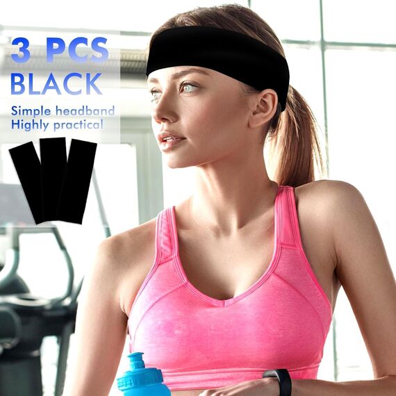 Sularpek Haarbänder，3 Pack Haarband Damen，7.5cm Schwarz Breites Haarband，Anti-Rutsch Stirnband Damen，Elastische Haarbänder für Laufen, Radfahren, Yoga, Fitness