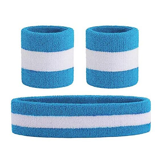 HANERDUN Sport Stirnband Herren Damen Schweißbänder Kopf Stirn Frottee Kopfband Sport für Laufen Fahrrad Joggen Tennis Fußball Gestreift Hellblau(Satz)