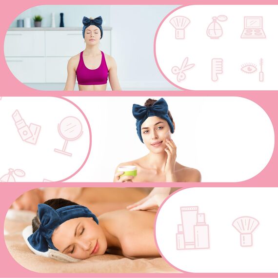 Spa Bowknot Stirnband Damen Spa Haarband Kosmetik, Coral Fleece Makeup Haarbänder Elastic, Cosmetic Stirnband Breitkrempe Korallenvlies Waschen Gesicht Kopfwickel für Dusche Hautpflege Sport(Blau)