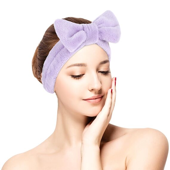 Spa Bowknot Stirnband Damen Spa Haarband Kosmetik, Coral Fleece Makeup Haarbänder Elastic, Cosmetic Stirnband Breitkrempe Korallenvlies Waschen Gesicht Kopfwickel für Dusche Hautpflege Sport(Violett)