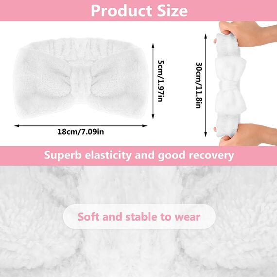 Spa Bowknot Stirnband Damen Spa Haarband Kosmetik, Coral Fleece Makeup Haarbänder Elastic, Cosmetic Stirnband Breitkrempe Korallenvlies Waschen Gesicht Kopfwickel für Dusche Hautpflege Sport(weiß)