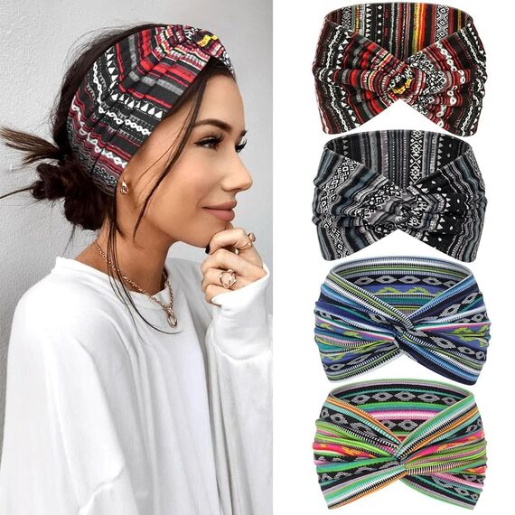 Kavya Haarband Damen Stirnband Damen 4er Pack – 7'' Extra Breit Haarbänder Dünn, Elastische Kopftuch Weiche Boho Mehrfarbig Headband, für Yoga, Kosmetik, Sport & Haarschmuck Sommer