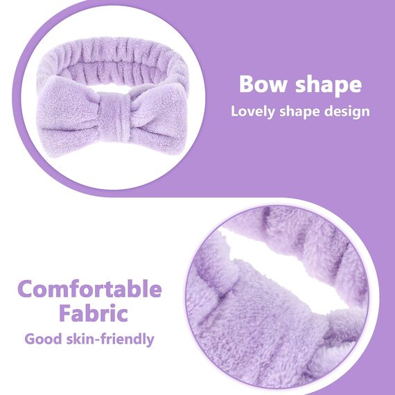 Spa Bowknot Stirnband Damen Spa Haarband Kosmetik, Coral Fleece Makeup Haarbänder Elastic, Cosmetic Stirnband Breitkrempe Korallenvlies Waschen Gesicht Kopfwickel für Dusche Hautpflege Sport(Violett)