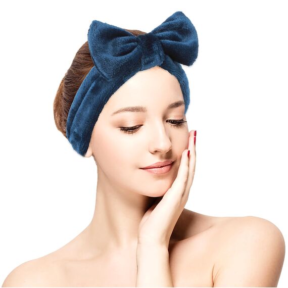 Spa Bowknot Stirnband Damen Spa Haarband Kosmetik, Coral Fleece Makeup Haarbänder Elastic, Cosmetic Stirnband Breitkrempe Korallenvlies Waschen Gesicht Kopfwickel für Dusche Hautpflege Sport(Blau)