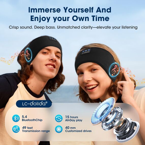 LC-dolida Schlafkopfhörer Bluetooth Stirnband Kopfhörer, Schlafkopfhörer Seitenschläfer Schlaf zum Kopfhörer 15+Std Playtime Schlafstirnband mit HiFi-Stereo für Sport Training,Joggen,Yoga,Reisen