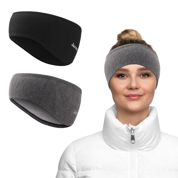 Stirnband Ohrenschutz für Damen und Herren - Winter/Frühling/Herbst Sport Haarband Elastisch Ohrenwärmer Kopfband für Jogging Laufen Wandern Fahrrad - 2er Set (Schwarz+Grau)