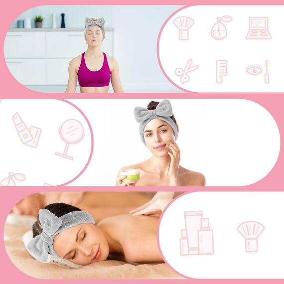 Spa Bowknot Stirnband Damen Spa Haarband Kosmetik, Coral Fleece Makeup Haarbänder Elastic, Cosmetic Stirnband Breitkrempe Korallenvlies Waschen Gesicht Kopfwickel für Dusche Hautpflege Sport(Grau)
