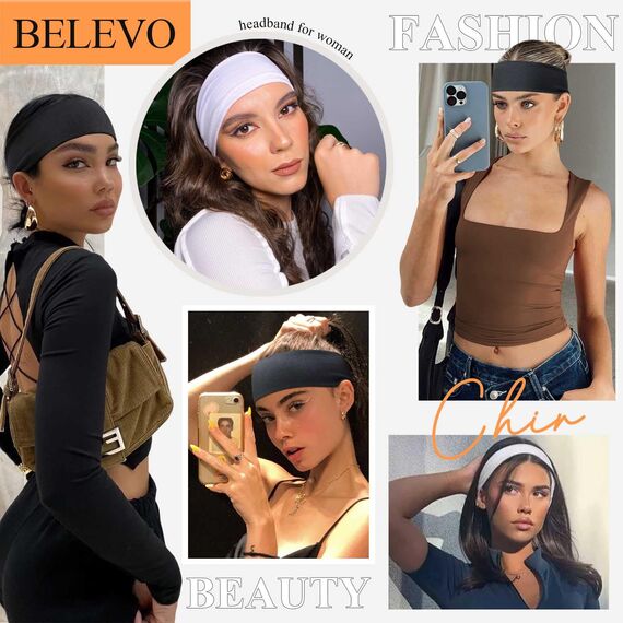 BELEVO Haarband Damen Sport, 7cm Headband Yoga Stirnband Damen Antirutsch Hair Band Haarbänder für Fitness Laufen Exercise Gym (Schwarz, Weiß)