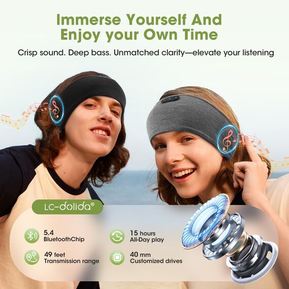 LC-dolida Schlafkopfhörer Bluetooth Kopfhörer Stirnband,Ultraweiche Bettkopfhörer Schlaf Stirnband aus Bambusfaser mit Lautsprechern,Leichtes Schlafmusik Kopfband für Reisen/Meditation/Yoga/Hörbücher