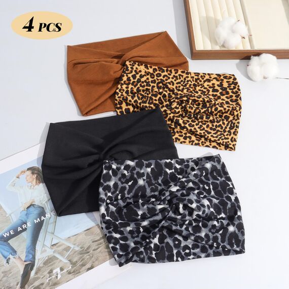 Tumurup 4 Pcs Haarband Damen Dünn, Stirnband Damen Sport - Breite Elastische Weiche Haarbänder für Yoga, Fitness & Kosmetik - Headband Haarschmuck Summer (Braun, Schwarz, Leopard Braun, Leopard Grau)