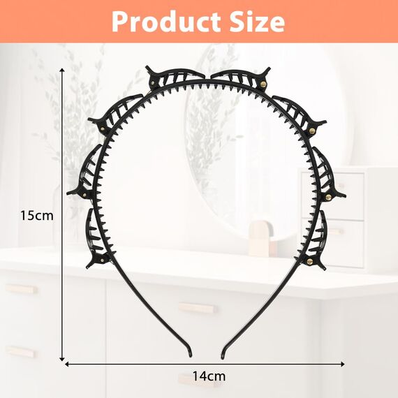 LOPHE Haarband mit Clips, 4 Stück Double Bangs Hairstyle Clip für Damen, Mädchen, Haarreifen mit Klammern Twist Clip Stirnband Frisurenhilfe, Schwarz