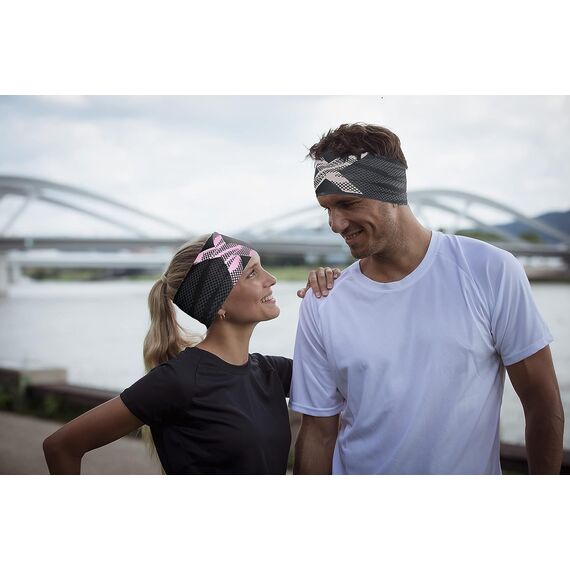 3er Set atmungsaktives Sport Stirnband Damen & Herren - schnelltrocknendes Kopfband zum Wenden - elastisches Haarband, Schweißband Stirn (neon, grau, rosa)