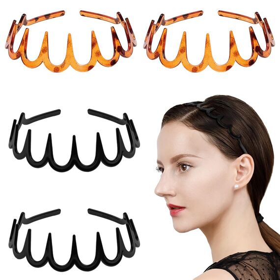 LOPHE Zickzack Haarreif, 4 Stück Haarreif mit Haifischzähnen, Kunststoff Stirnband Zahnhaarkamm Stirnbänder für Sport Fitness Tägliches, Damen und Männer