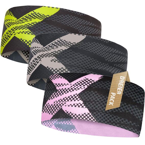 3er Set atmungsaktives Sport Stirnband Damen & Herren - schnelltrocknendes Kopfband zum Wenden - elastisches Haarband, Schweißband Stirn (neon, grau, rosa)