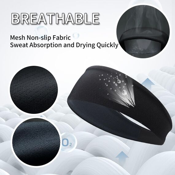 Sport Stirnbänder für Damen und Herren, Antibakterielles Schweißband Stirn, Elastisch rutschfest Haarband für Joggen,Laufen, Fitness, Yoga, Radfahren, Basketball (2 Schwarz + Grau + Blau)