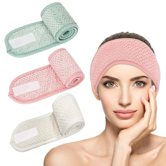 KEYRI 3 Stück Kosmetik Haarband Damen, Haarband Schminken Spa Stirnband Frottee Abschmink Haarbands Verstellbare Haarschutzband mit Klettverschluss für Gesicht Waschen Sport Yoga (Grün, Rosa, Weiß)