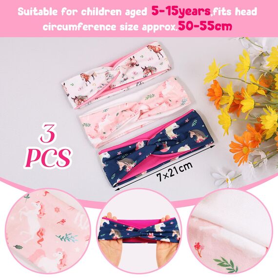 BOOMTOP 3pcs Stirnband Kinder Mädchen Dünn Haarband Pferde Mädchen Geschenk Elastisches Kopfband mit Knoten Pferdemuster Breite Haarreif Haarschmuck Kopfschmuck für Schule Sport Freizeit