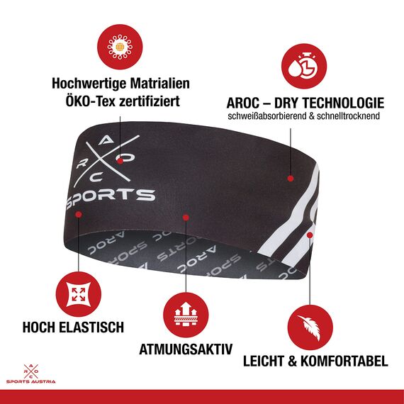 Atmungsaktives Sport Stirnband Damen & Herren - schnelltrocknendes Kopfband zum Wenden - leichtes & elastisches Haarband, winddichtes Schweißband Stirn (schwarz/grau)