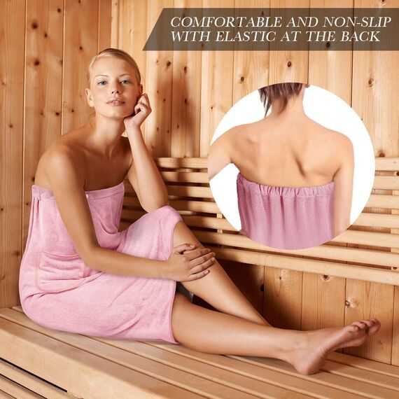 Aomig Sauna Zubehör - Saunahandtuch & Saunakilt Damen, Knopffrottee Saunarock, Elastische Taschen, Grösse Anpassbares Saunatuch, Hell-Pink