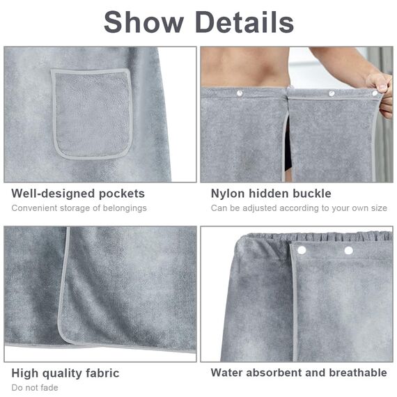 Aomig Saunakilt Herren Grau Elastisch Verdicktes Badetuch Verstellbare Größe Schnapp-Badetuch Kilt Herren Großes Schnell Trocknendes Saunatuch für Fitnessstudio Dusche Sauna Spa Strand (80 X 150 cm)