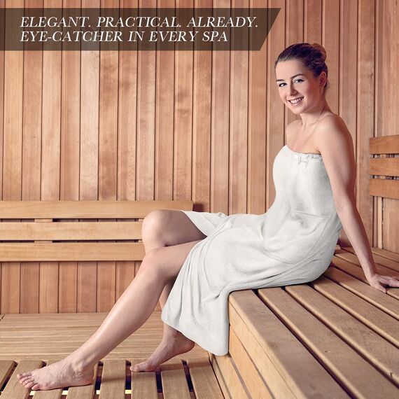 Aomig Saunakilt Damen Sauna Zubehör Saunahandtuch 80*140Cm mit Knopffrottee Saunarock Elastische Taschen Saunakleid Damen Grösse Anpassen Saunatuch Hamamtuch Saunakilt Tragbar Badetuch Frauen (Weiß)