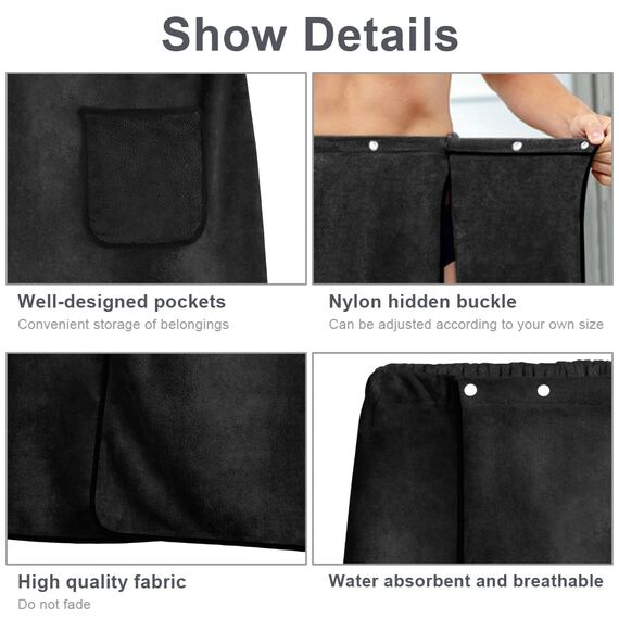 Aomig Saunakilt Herren Elastisch Verdicktes Badetuch Verstellbare Größe Schnapp-Badetuch Kilt Herren Großes Schnell Trocknendes Saunatuch für Fitnessstudio Dusche Sauna Spa Strand (Schwarz, 80*150 cm)