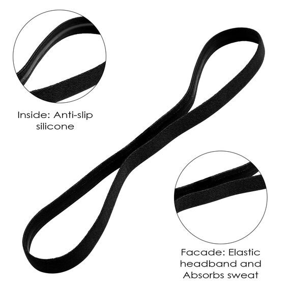 Chiluxendo 10 Stück Haarband Jungs Sport, Stirnband Nicht Rutschend, Haarbänder Damen Dünn, Stirnbänder Elastische Silikon Rutschfeste zum Laufen, Yoga, Training im Fußball und Mehr, Schwarz