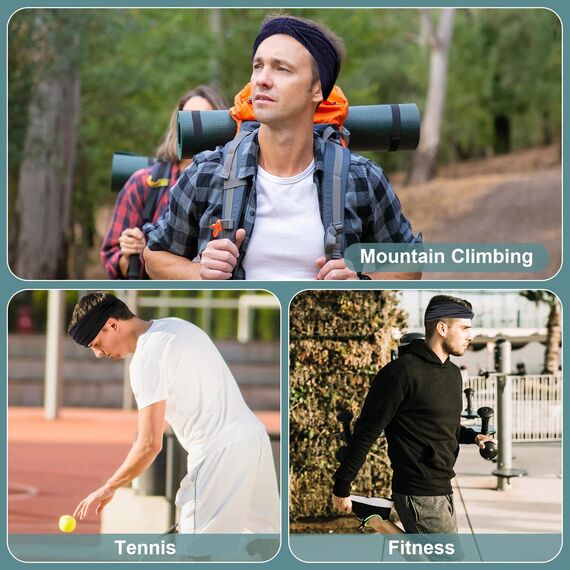 4 Stück Stirnband Herren, Elastisch Breites Haarband Sport Männer Atmungsaktiv Schweißband Stirn rutschfest für Fitness Laufen Basketball (Schwarz, Dunkelgrau, Marineblau, Armeegrün)