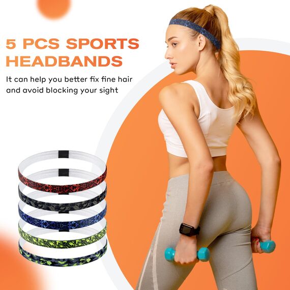 Blooms 5 Stück Haarband Herren & Jungs, Elastische Sport Stirnband Kinder Anti-Rutsch Unisex Haarreifen Männer Damen - Kopfband für Fußball Yoga Laufen