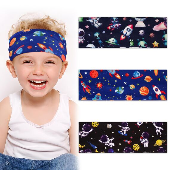 BETESSIN 3 Stück Haarband Jungs Weltall Kinder Stirnband Jungen Sport Haarbänder Elastisches Kopfband Astronaut Breite Sportstirnband Headband für Schule Sport Freizeit in 3 Stilen
