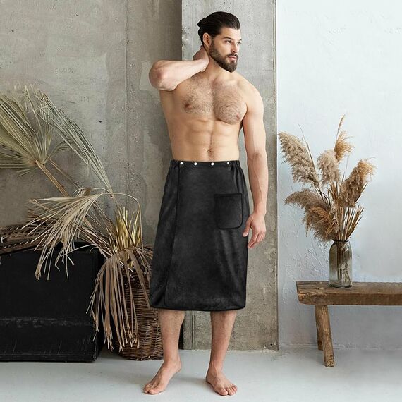 Aomig Saunakilt Herren Elastisch Verdicktes Badetuch Verstellbare Größe Schnapp-Badetuch Kilt Herren Großes Schnell Trocknendes Saunatuch für Fitnessstudio Dusche Sauna Spa Strand (Schwarz, 80*150 cm)