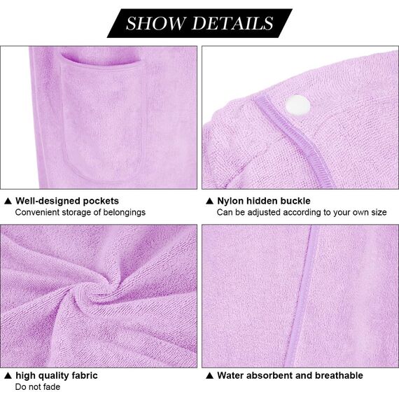 Aomig Damen-Bademantel, schnell trocknend, Mikrofaser, mit verstellbarem Druckknopfverschluss, 80 x 140 cm, Damen-Hellviolett, 80 x 140 cm, Einheitsgröße