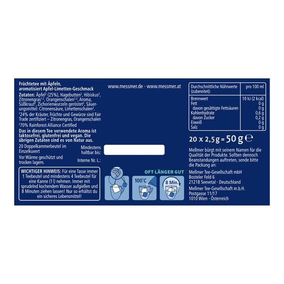 Meßmer Apfel-Limette | 20 Teebeutel | Vegan | Glutenfrei | Laktosefrei