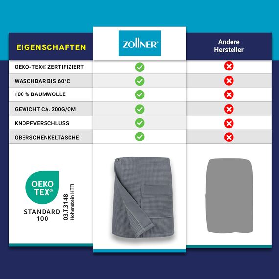 ZOLLNER Herrensaunakilt in Waffelpique - grau - Einheitsgröße - Baumwolle - mit Gummizug und Knopfverschluss - Tasche mit Reißverschluss - waschbar bis 60°C - Oeko Tex® zertifiziert