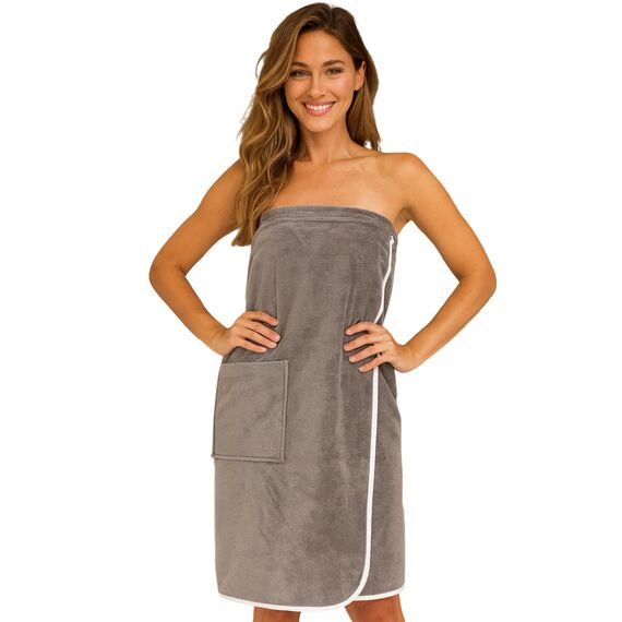 Morgenstern Saunakilt Damen Saunahandtuch mit Knopf und Tasche 100% Baumwolle Frottee Oeko-TEX® 90 x 145 cm Handtuch mit Gummizug Katja Taupe