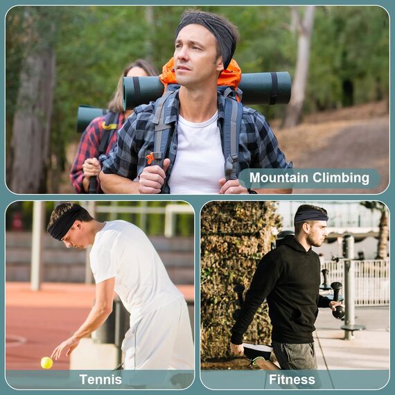 4 Stück Stirnband Herren, Elastisch Breites Haarband Sport Männer Atmungsaktiv Schweißband Stirn rutschfest für Fitness Joggen Laufen Radfahren Basketball (Schwarz, Dunkelgrau)